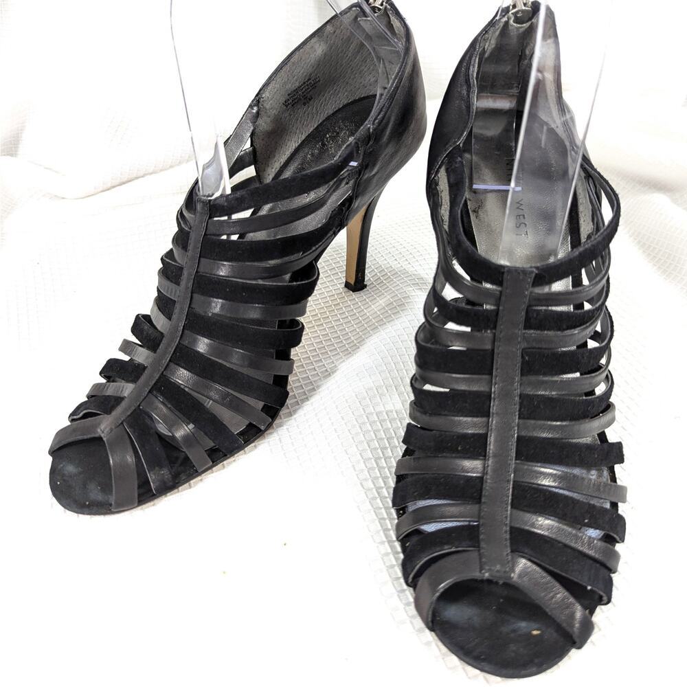 NWOT! NINE WEST! BLACK GENUINE LEATHER & SUEDE STRAPPY SANDALS HEELS! SZ 8.5M